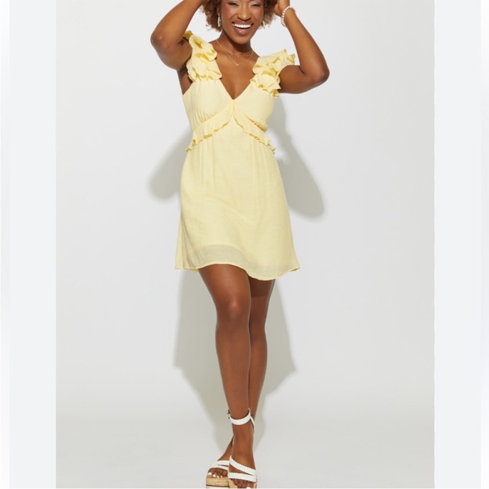 miami Pale Yellow Ruffle-Shoulder Mini Dress
